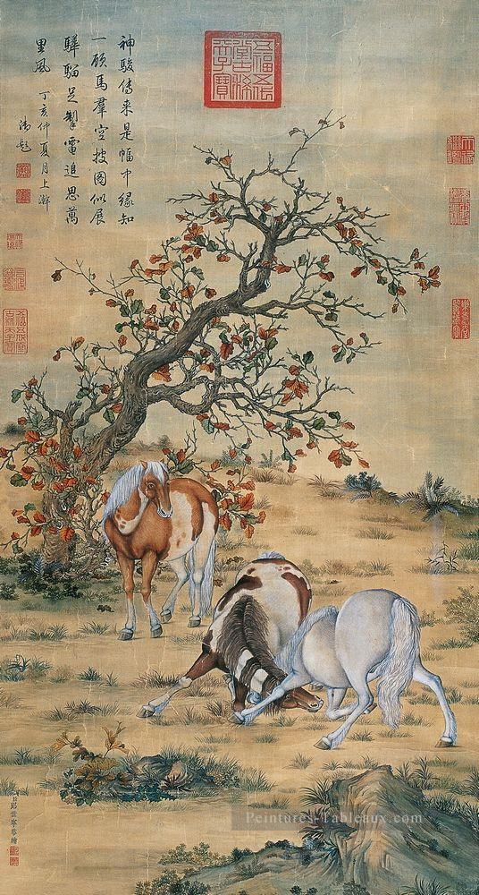 Lang brillant grands chevaux vieux Chine encre Giuseppe Castiglione ancienne Chine à l’encre Peintures à l'huile
